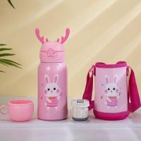 智能测温 儿童保温杯男女学生便携式大容量304不锈钢带吸管水杯子 [爆款]鹿角小兔 三件套+杯套