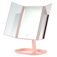 化妆镜带灯方形大号少女心镜三折台式折叠梳妆镜宿舍女生镜子化妆 粉色 JZLED003 三色光（无五倍镜）+数据线