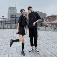 茵茵情侣装202夏季新款黑色宽松短袖衬衣高腰百褶裙男衬衣白T恤潮 男裤子 S