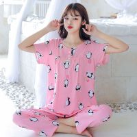 棉绸睡衣女士夏季套装短袖长裤可爱人造棉薄款家居服两件套空调服 粉底企鹅 M