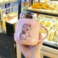 ins独角兽少女心马克杯陶瓷水杯带盖防漏杯子可爱韩国卡通办公室 A粉彩虹独角兽-400毫升