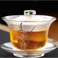 日式手绘玻璃三才盖碗耐热加厚描金边泡茶碗创意加厚功夫茶具套装 新款磨砂盘兰花 200ml