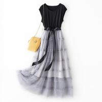 海谧大码简约网纱休闲韩版宽松拼接显瘦遮肉连衣裙2021新款女夏 上黑下灰 S 85-100斤