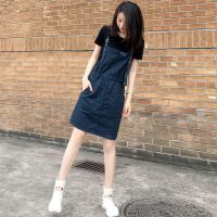 2020春夏新品T恤+条纹背带裙套装牛仔潮流H型两件套收腰小个子女 单背带裙 S