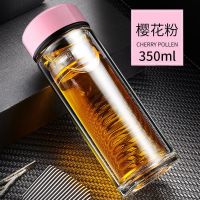 2020新款潮办公室水杯女带把手泡茶杯子玻璃杯防摔耐热个人专用 双层粉色350ml[隔热+无把手] 单个杯子+过滤网[隔