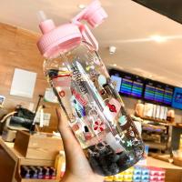 韩版少女心可爱吸管杯大人玻璃水杯便携超大容量1000ml杯子随手杯 1000ML涂鸦吸管玻璃杯-粉色+杯套