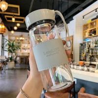 韩版创意简约迷你时尚防烫玻璃杯耐高温直饮喝水杯防漏便携情侣杯 皮套款【银河灰 带过滤网】480ml 杯子