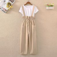 ins工装少女背带裤女学生韩版宽松夏秋小个子休闲吊带连体阔腿裤 卡其色 单件没有上衣 S 建议75-85斤