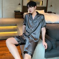 睡衣男夏季冰丝薄款短袖短裤加肥加大码高档男士春夏天家居服套装 纯色维密咖啡色[双短] L[建议100-120斤]