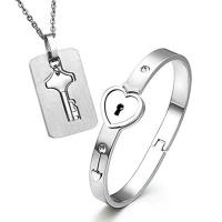 情人礼物刻字创意项链钥匙同心锁情侣手链日韩版学生男女爱心手镯 [银色]心锁手镯+方形钥匙项链