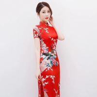 旗袍复古改良版淑女旗袍裙长款2021年新款大码表演走秀拍照民国风 短袖长款孔雀旗袍大红 S