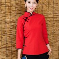 2020新款春夏季礼服复古民族风中长袖唐装女旗袍中式汉服茶服上衣 红色 XS