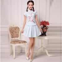 2021秋装新款女士旗袍套装上衣短裙两件套民族风复古学生少女旗袍 蓝色短袖梅花 XXL