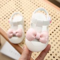 宝宝公主鞋女童婴儿包头凉鞋0-3岁1学步鞋子软底防滑6-24个月夏季 米白色凉鞋1003 蝴蝶结 内长13.5cm 18