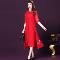 2021夏装新高档真丝连衣裙女时尚两件套裙大码桑蚕丝中老年妈妈装 红色 8228# L (90-105斤)