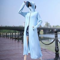 新款中长款春秋夏季女防晒衣服冰丝透气薄款长袖遮阳外套防紫外线 经典款-蓝色 均码 80-140斤