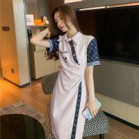 polo连衣裙女2021新款夏季时尚法式复古港风*气质收腰显瘦长裙 粉色 2XL