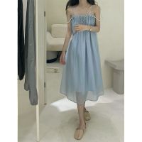 夏季新款韩版ins超仙女竖条细闪珍珠抹胸吊带连衣裙女学生长裙子 蓝雾银梦 均码[商城质量]