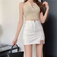 防走光牛仔半身裙女夏2021新款高腰A字短裙裤侧开叉性感包臀裙子 白色带内衬 [个性开叉裤裙] XL