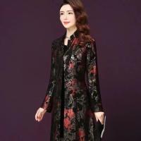 2021秋冬季新款民族风大码妈妈装复古印花时尚气质修身风衣外套女 金银色 8802# L 100-110