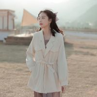 有里布|高档短款西装风衣女2021新款薄款百搭收腰系带小个子外套 杏色 S 90-105斤