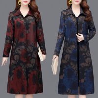 2020秋冬新款大码妈妈装风衣中长款过膝宽松中老年女装开衫外套女 红色 L [建议100-115斤]