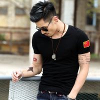 夏季部队军装男紧身刺绣中国V领特种兵短袖T恤男士军迷半截袖 (刺绣)圆领左臂黑 S (70-80斤)
