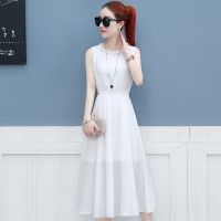 秀陪乐 四色可选连衣裙夏韩版气质女高腰显瘦圆领无袖中长款裙子 白色 L