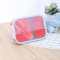 可折叠便携硅胶饭盒2格带叉勺户外野餐午餐盒可微波炉学生保鲜盒 红色 650+450ML