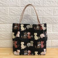 妈咪饭盒袋大容量饭盒便当包妈咪收纳包帆布手拎包帆布包包饭盒袋 黑色碎花小猫