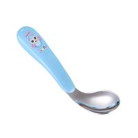 宝宝学吃饭勺子训练筷勺叉套装家用304不锈钢短把儿童弯头勺餐具 直柄单勺(蓝色)