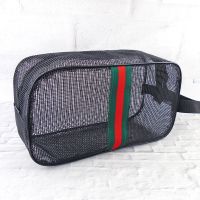 网眼洗澡包防水洗漱包女旅行男士便携大容量简约出差浴兜包化妆包 粗网红绿条单带