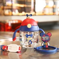 儿童水杯带吸管婴儿学饮杯防摔喝奶杯宝宝喝水杯子便携防摔饮水瓶 魔法蓝[370ml] 可爱单杯+手柄+背带+姓名卡
