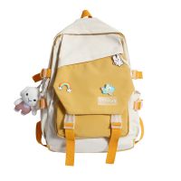 书包女大学生ins休闲百搭高中学生背包日系学院风初中印花双肩包 黄色[普通面料] 单包