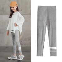 女童打底裤春秋款可外穿弹力裤中大童装女童加绒裤子冬款加厚棉裤 三条杠浅灰色薄款 100