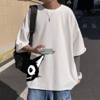 韩版潮牌潮流猫咪印花短袖T恤男ins青少年学生衣服情侣卡通半袖t 白色 M
