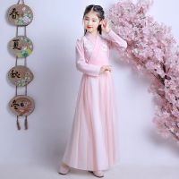 汉服女童春秋连衣裙儿童古装超仙中国风春款女孩旗袍裙子唐装春装 粉色直袖流仙裙夏款 送折扇眉心贴 100 建议10-20斤