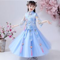 女童汉服夏季仙女连衣裙套装短袖儿童中国风古装公主裙小女孩裙子 蓝色短袖汉服小鸟 110建议身高1米