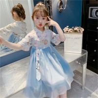 汉服女童连衣裙夏装2021新款中国风古装夏洋气童装公主裙儿童裙子 蓝色 110码(建议身高1米左右)
