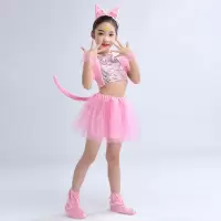 六一新款小猫发卡演出服学猫叫舞蹈表演服动物王国卡通服装 粉发卡+女裙款 110