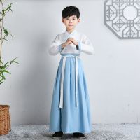 儿童古装汉服女童国学服男三字经弟子规演出服襦裙中国风表演服装 白衣+浅蓝色裙子直袖男款 100