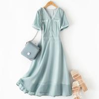 海谧中长款短袖连衣裙女2021年夏季新款时尚气质显瘦小香风裙子 松石绿 S