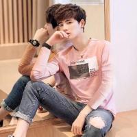 [80-200斤]男士t恤长袖衣服男港风夏季体恤男潮流长袖t恤男夏装 [单件装]方块粉色 M码(80-95斤)