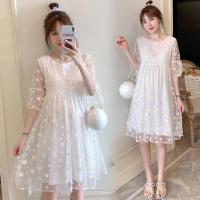 孕妇装夏装连衣裙雪纺孕妇裙中长款孕妇套装时尚大码韩版宽松裙子 白色小菊花 M[90-115斤]