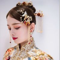 新娘结婚秀禾头饰中式婚礼古装流梳凤冠整圈发箍秀禾服头饰 T100套装+耳夹