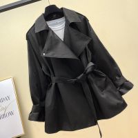 韩国风衣外套女中长款2021春秋季新款宽松系带收腰气质小个子大衣 黑色 M 建议90-110斤左右