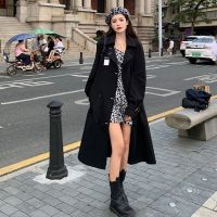 风衣黑色长款大衣秋季2021新款港风原宿过膝薄款流行长袖外套女装[15天内发货] 黑色 S