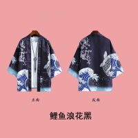 中国风套装汉服男春夏季防晒开衫道袍短袖九分裤一套很仙的上衣服 [单件]鲤鱼浪花黑 S