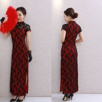 20款夜上海旗袍长款大码改良舞蹈表演复古旗袍演出服连衣裙中国风 黑 红 斜 S