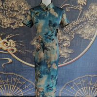 夏季新款短袖长旗袍改良复古日常山水绸缎妈妈裙走秀旗袍连衣裙 翠冰蓝 M